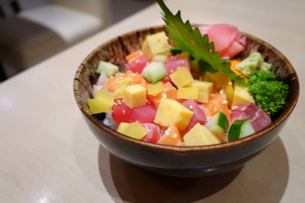 istock Japanese raw cube fish rice bowl donburi 1281281563