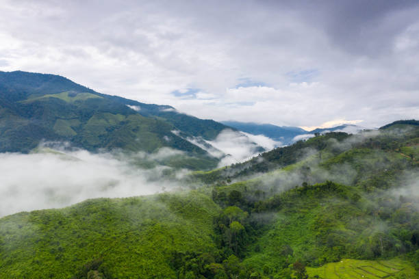 istock Aerial view over valley surrounded by mountains and covered 1281281749