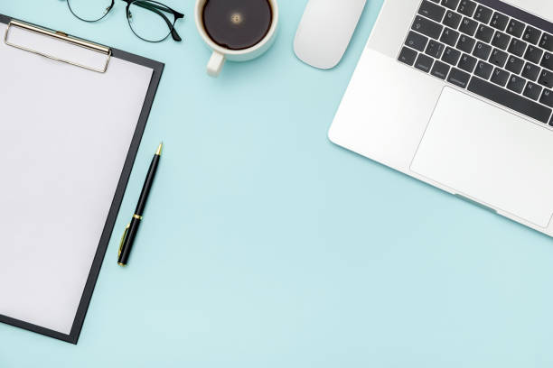 istock Workspace on color desk in home office with copy space for your design. Top view. Flat lay 1281282849
