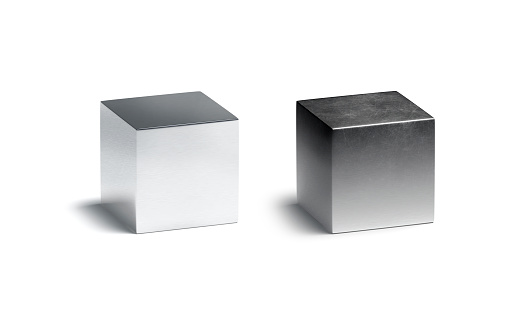Blank metallic gloss and matte cube mockup set, 3d rendering. Empty new and old scratched metal cuboid mock up, isolated. Clear shabby and polished chromium figure template.