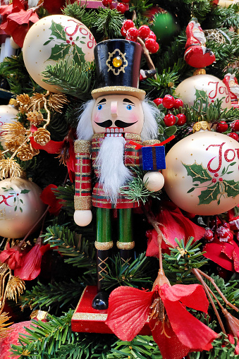 Christmas decorations put on the shelf in the toy store nutcracker