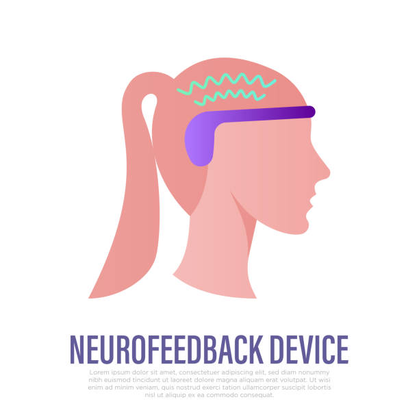 illustrazioni stock, clip art, cartoni animati e icone di tendenza di dispositivo di neurofeedback sulla testa della donna. sensore per misurare l'attività cerebrale durante la meditazione. icona piatta. illustrazione vettoriale. - biofeedback
