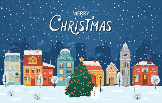 Winter night city in retro style. Christmas background with houses, Christmas tree, snowman. Cozy town in a flat style with lettering merry Christmas. Cartoon vector illustration.