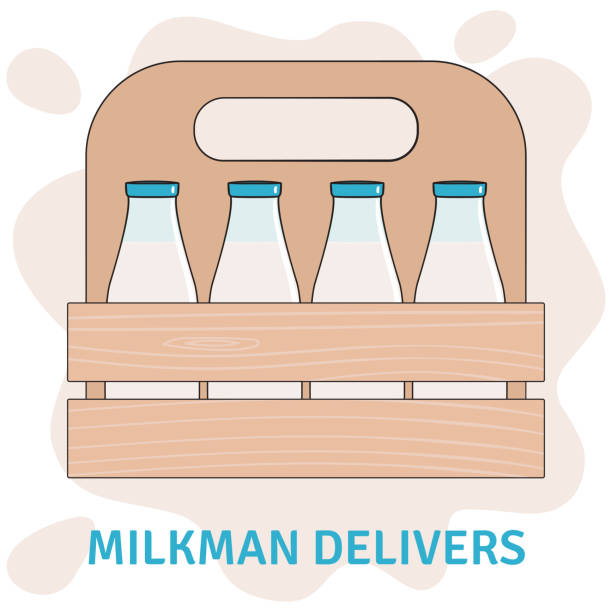 ilustraciones, imágenes clip art, dibujos animados e iconos de stock de caja de madera con botellas de leche. entrega de leche. ilustración vectorial dibujada a mano - milkman