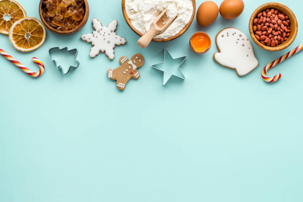 istock Cooking background with icing gingerbread cookies for Christmas, top view 1281287483