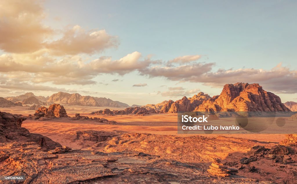 Red Mars like landscape in Wadi Rum desert, Jordan, this location was used as set for many science fiction movies Red Mars like landscape in Wadi Rum desert, Jordan, this location was used as set for many science fiction movies. Desert Area Stock Photo