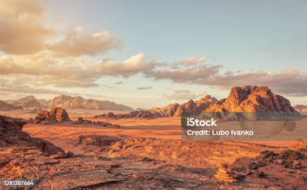 Red Mars Like Landscape In Wadi Rum Desert Jordan This Location Was Used As Set For Many Science Fiction Movies Stock Photo - Download Image Now