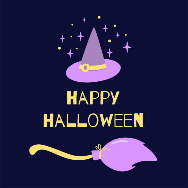 istock Happy Halloween holiday poster with happy halloween inscription with cute witch pointed hat, broom on isolated background. 1281287726