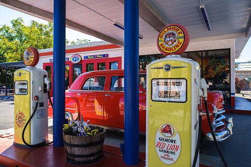Cottonwood, Arizona USA - October 12, 2019: Vintage gasoline station converted into a restaurant in the historic district of this small town in Yavapai County in the Verde Valley.