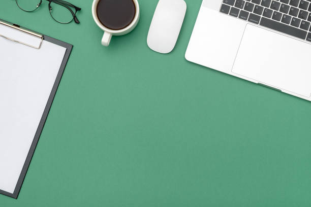 istock Office desk table with laptop, and supplies. Top view with copy space. Flat lay 1281288823