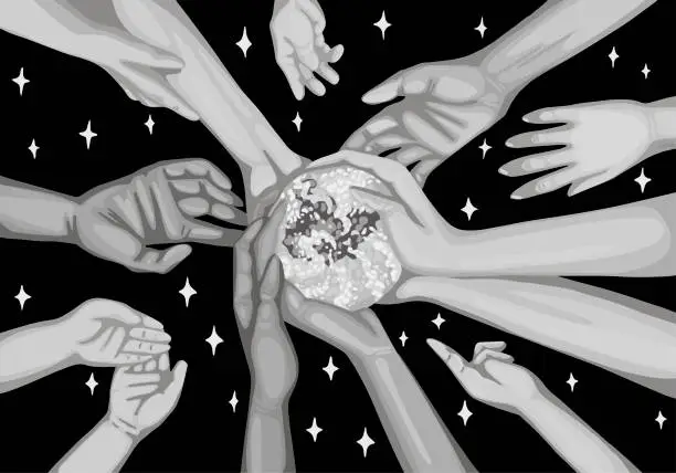 Vector illustration of Hands hold the planet, children pull their hands to Earth. Save the planet, Earth day. Vector black and white illustration