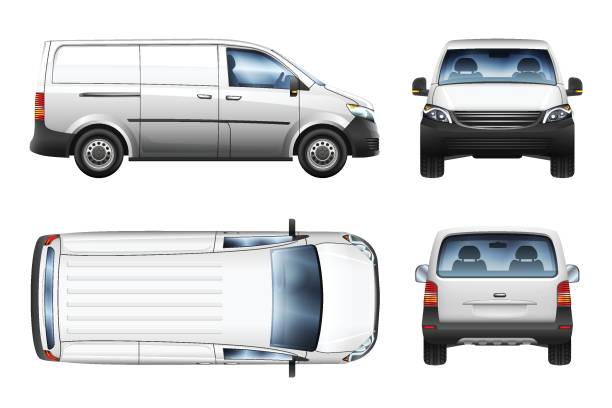 illustrations, cliparts, dessins animés et icônes de ensemble d’illustrations vectorielles réalistes de mini van de vue différente. - van white truck mini van