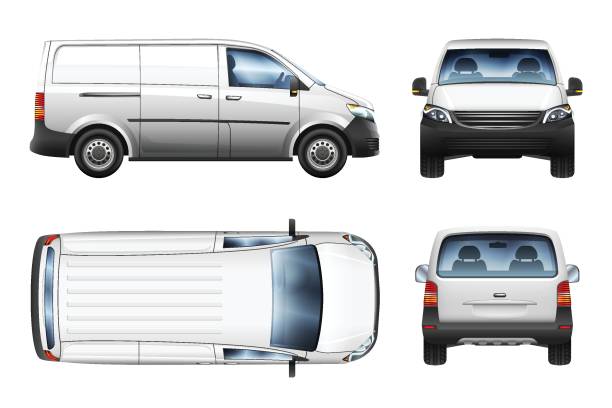 ilustrações de stock, clip art, desenhos animados e ícones de set of realistic vector illustrations of mini van from different view. - road top view