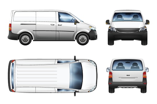Set of realistic vector illustrations of mini van from top, side, front and back view.