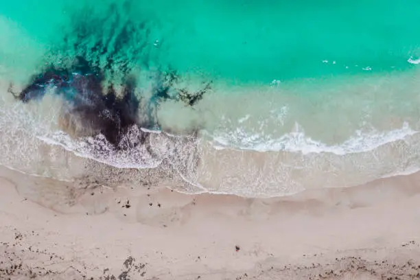 Aerial view of the beach and the water flowing with some dirt.