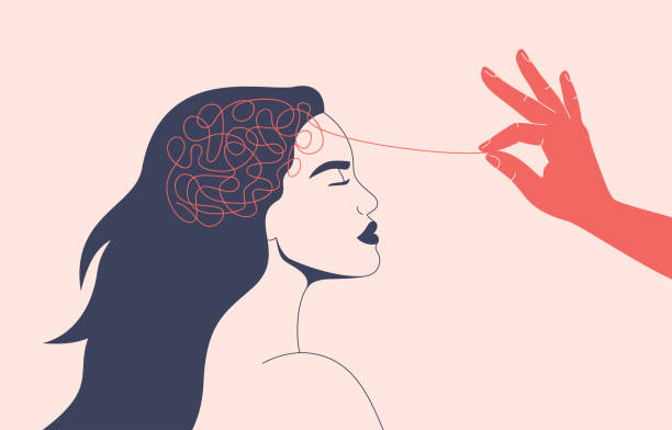 ilustrações de stock, clip art, desenhos animados e ícones de psychotherapy or psychology concept. helping hand unravels the tangle of thoughts of a woman with mental disorder, anxiety and confusion mind. - depressão tristeza ilustrações