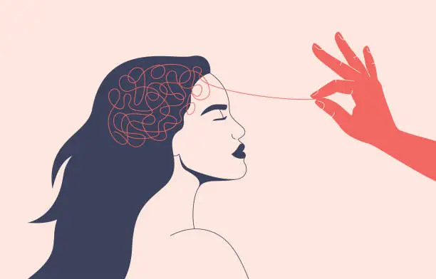 Vector illustration of Psychotherapy or Psychology concept. Helping hand unravels the tangle of thoughts of a woman with mental disorder, anxiety and confusion mind.