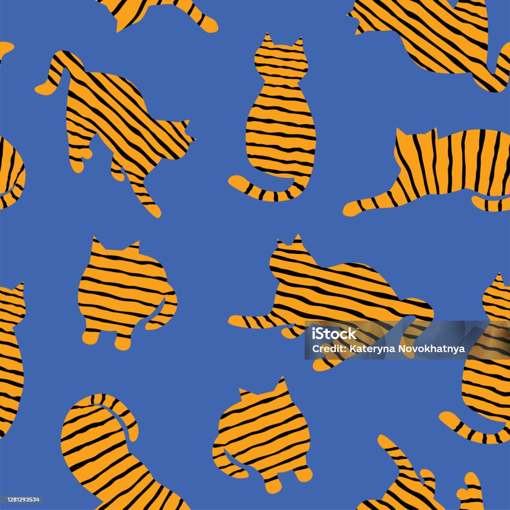 Stiped Cat Pattern Striped Cats Hand Drawn Vector Seamless Pattern Stock Illustration ...