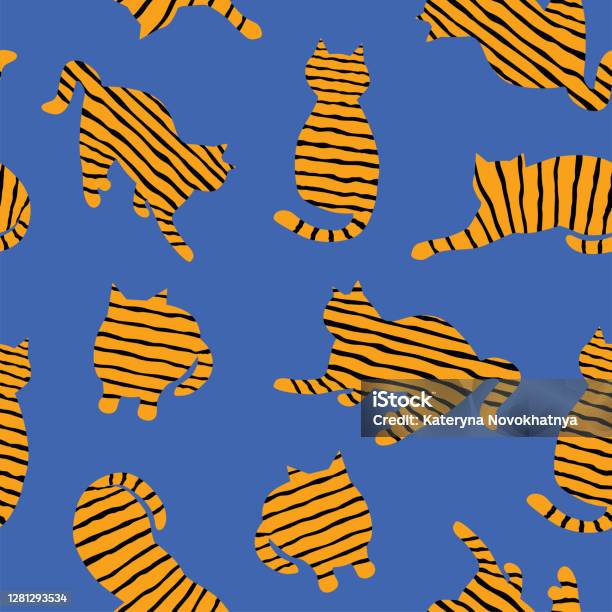 Stiped Cat Pattern Striped Cats Hand Drawn Vector Seamless Pattern Stock Illustration ...