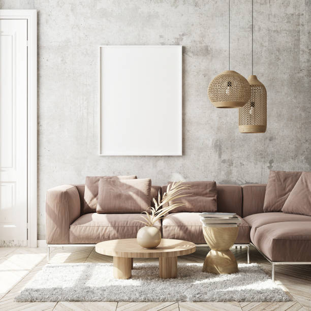 istock mock up poster frame in modern interior background, scandinavian style, 3D render 1281293864