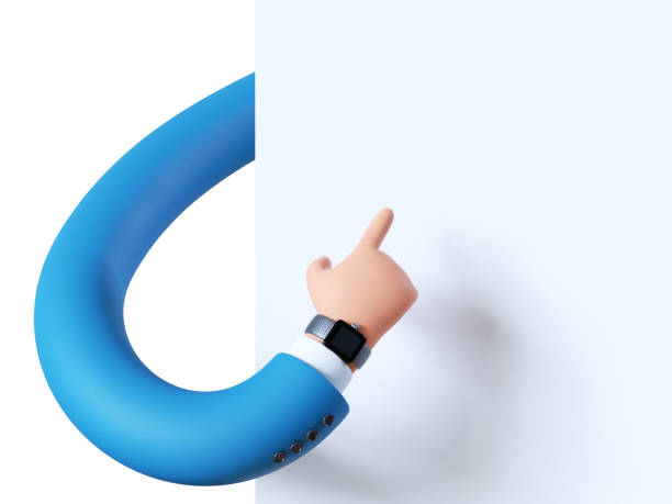 istock 3d render, flexible cartoon character hand in blue sleeve, finger points up, blank poster mockup. Business clip art isolated on white background 1281295172