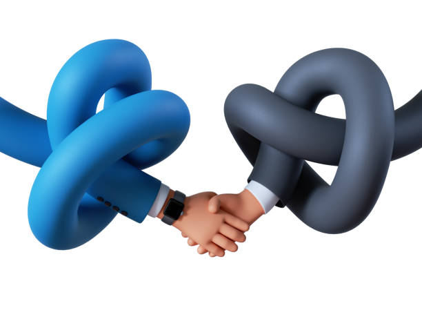 istock 3d render, cartoon character tangled and knotted boneless flexible hands. Handshake. Partnership concept, business clip art isolated on white background 1281295205