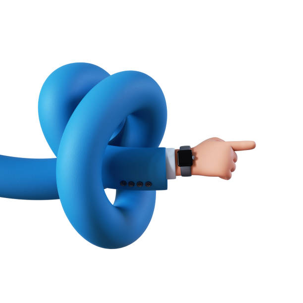 istock 3d render, cartoon character knotted hand in blue sleeve shows direction, points right. Assistance concept. Business clip art isolated on white background 1281295215