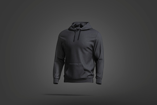 Blank black sport hoodie with hood mockup, dark background, 3d rendering. Empty casual loose overall clothing with hood mock up, side view. Clear men fabric sweat-shirt template.