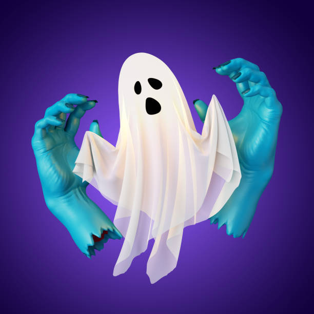 istock 3d render, scary ghost character and blue zombie hands, halloween clip art isolated on violet background 1281295428