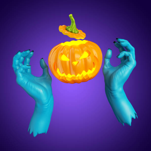 istock 3d render, carved pumpkin with scary face between blue zombie hands, halloween clip art isolated on violet background. Jack o'lantern character 1281295465