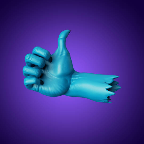 istock 3d render, blue zombie hand like gesture, thumb up Halloween clip art isolated on violet background 1281295498