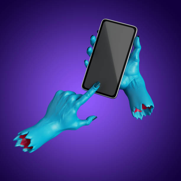 istock 3d render, scary blue zombie hands hold smart phone gadget, mobile device with blank screen mockup. Halloween clip art isolated on violet background 1281295512
