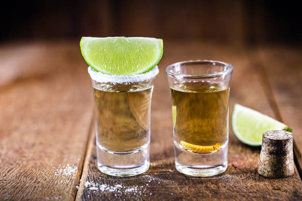 전형적인 멕시코 음료, 소금과 레몬과 함께 제공되는 데킬라 유리, 메즈칼 (또는 메스칼) 옆에는 일반적으로 유충이나 벌레, 미식 멕시코 문화가있는 데킬라로 알려져 있습니다. - tequila shot 뉴스 사진 이미지