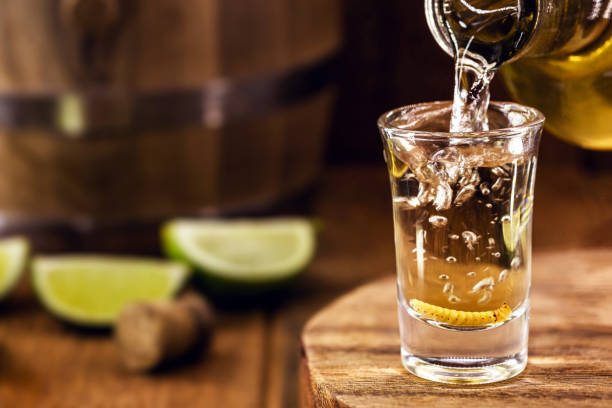 典型的なメキシコの飲み物ボトルは、中に媚薬の幼虫やワームを含む珍しいメキシコの蒸留飲料、メスカル(またはメスカル)のガラスを充填 - drink mexican culture tequila shot tequila ストックフォトと画像
