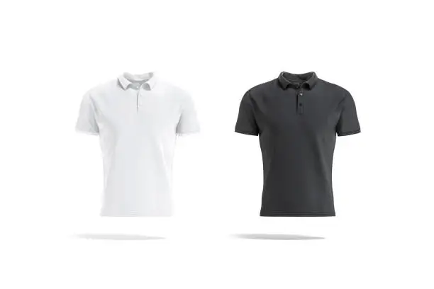 Blank black and white polo shirt mock up, front view, 3d rendering. Empty textile t-shirt with sleeve and collar mockup, isolated. Clear cloth golf uniform or classic sport garment template.