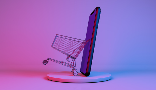 3D rendering, Realistic close up shopping cart moving out from mobile phone ,shopping online market symbol for advertising concept, with on colorful pink and purple neon colors background.