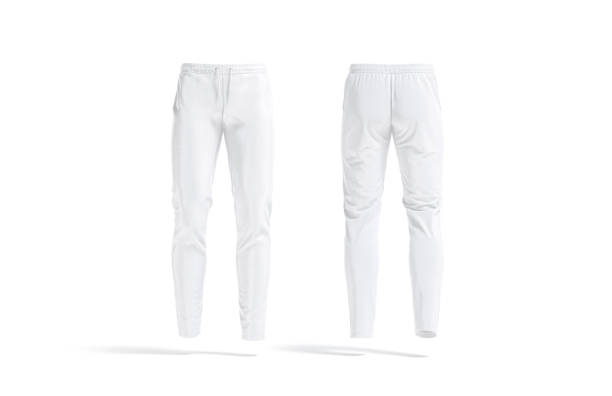 Blank white sport pants mockup, front and back view Blank white sport pants mockup, front and back view, 3d rendering. Empty fitness jersey trousers or joggers mock up, isolated. Clear comfortable sporty trackies for jogging template. jogging pants stock pictures, royalty-free photos & images