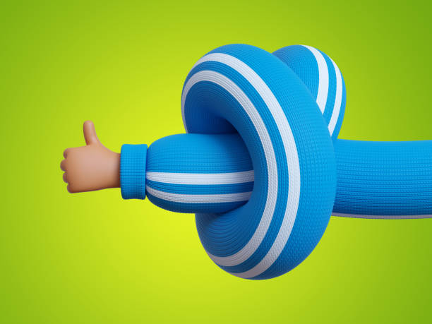 istock 3d render, funny cartoon character tangled hand in blue sleeve with white stripes, thumb up like gesture, clip art isolated on green background. Recommendation metaphor 1281298084