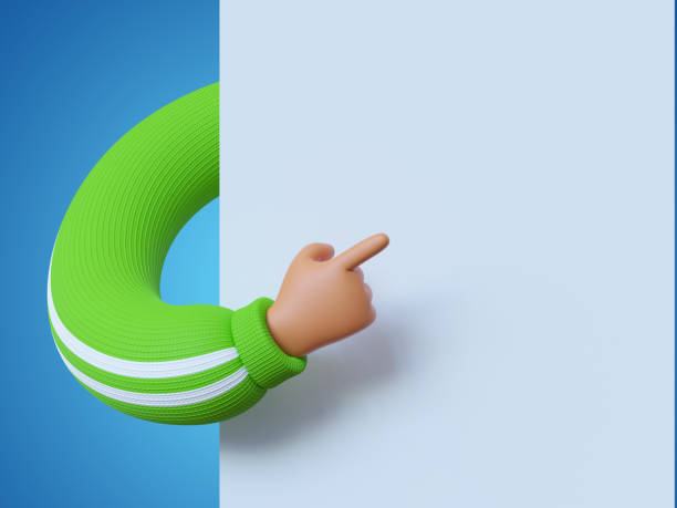 3d渲染,有趣的卡通人物手在綠色袖子,手指指向空白橫幅與複製空間,白色背景。廣告海報模型,關注概念。 - 立體 插圖 個照片及圖片檔