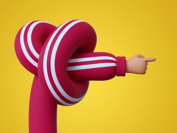 istock 3d render, funny cartoon character tangled hand pointing right direction, clip art isolated on yellow background 1281298195