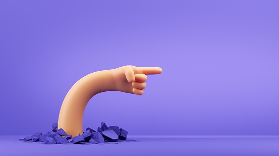 istock 3d render, divertido carácter de dibujos animados mano elástica con el dedo señalador muestra la dirección. Piso roto. Clip art aislado sobre fondo violeta 1281298304
