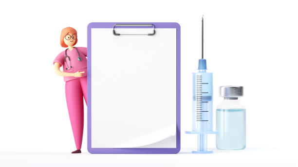 3d render. woman doctor cartoon character looks out the big clipboard. syringe and glass bottle clip art isolated on white background. medical blank mockup. vaccination research - syringe healthcare and medicine vaccination nurse imagens e fotografias de stock