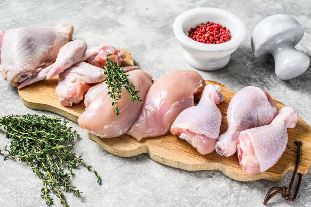 istock Different types of raw chicken meat, poultry. Gray background. Top view 1281300906