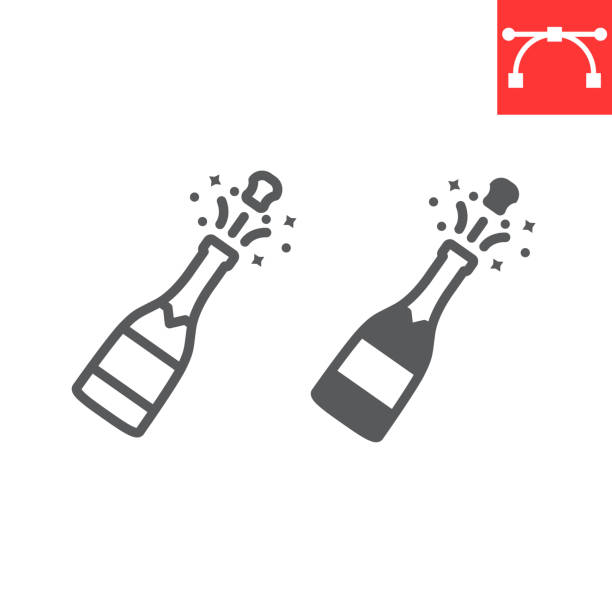 шампанское бутылка popping линии и глиф значок, веселое рождество и питье, алкоголь знак вектор графики, редактируемый удар линейный значок, eps  - computer icon symbol cork wine stock illustrations
