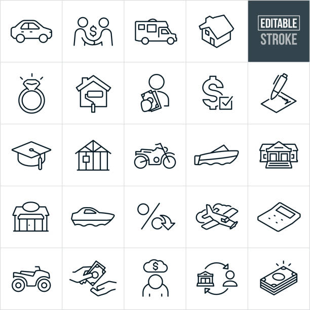 Loan Types Thin Line Icons - Editable Stroke An icon set of types of loans that include editable strokes or outlines using the EPS vector file. The icons include a car loan, handshake between two people securing a loan, RV, home loan, mortgage, wedding ring, home renovation, cash, loan approval, loan document with signature, education, construction loan, motorcycle, motor boat, bank, business loan, yacht, interest rate, air plane, calculator, ATV, debt, person borrowing from bank, lending and a stack of cash. car finance stock illustrations