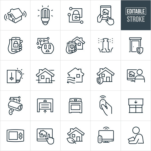 ilustrações de stock, clip art, desenhos animados e ícones de home automation thin line icons - editable stroke - security system security burglar alarm residential structure