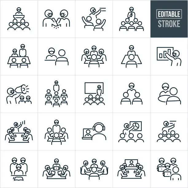 Vector illustration of Business Meetings And Mask Wearing Thin Line Icons - Editable Stroke