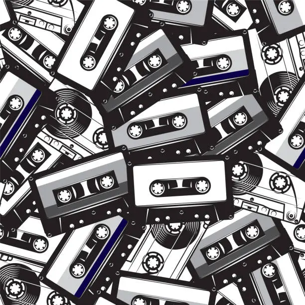 Vector illustration of A set of different audio cassettes. Seamless background in retro style. Vector illustration