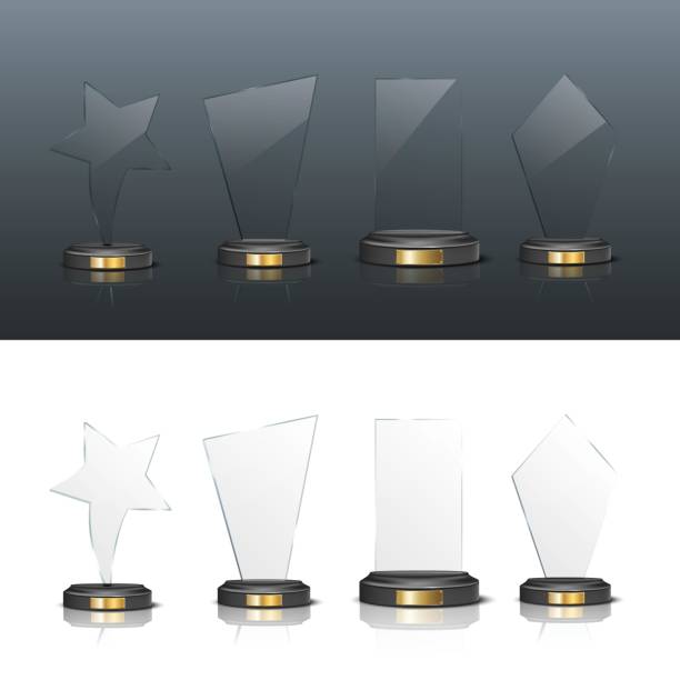 istock Award trophy set. Star and rectangle shaped glass prize statues on white and black background. Champion glory in competition vector illustration. Hollywood fame in film or championship in sport 1281302155