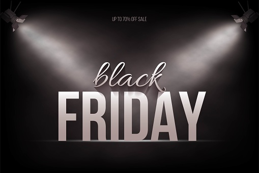 Black Friday sale poster background. Premium offer with discounts advert. White font under searchlights. Special offer vector illustration. Modern elegant promo flyer.